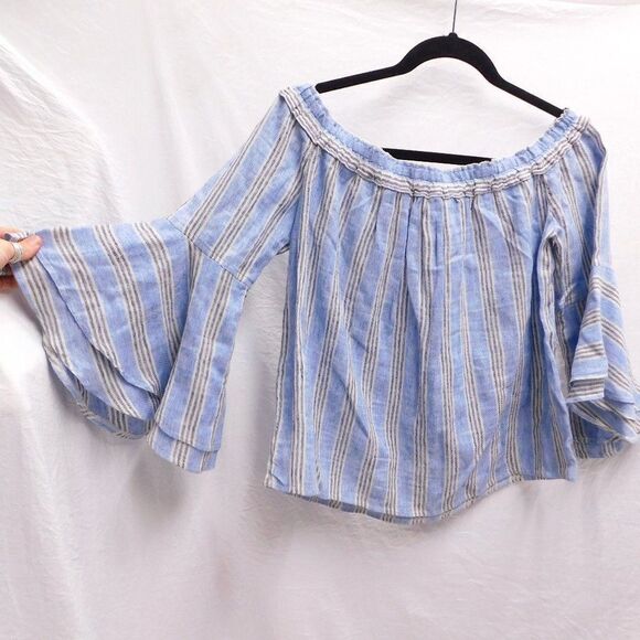 Lucky Brand Tops - Lucky Brand Blue Striped Smocked Neckline Shoulder Bell Sleeve Cotton Blouse NEW